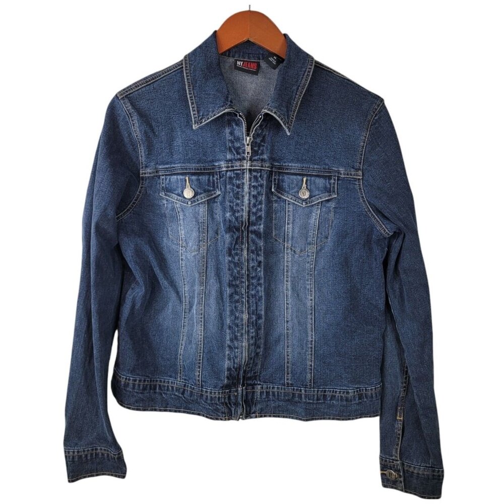 NY Jeans Medium Denim Blue Jean Jacket Coat Zip up Stretch Western Cowgirl